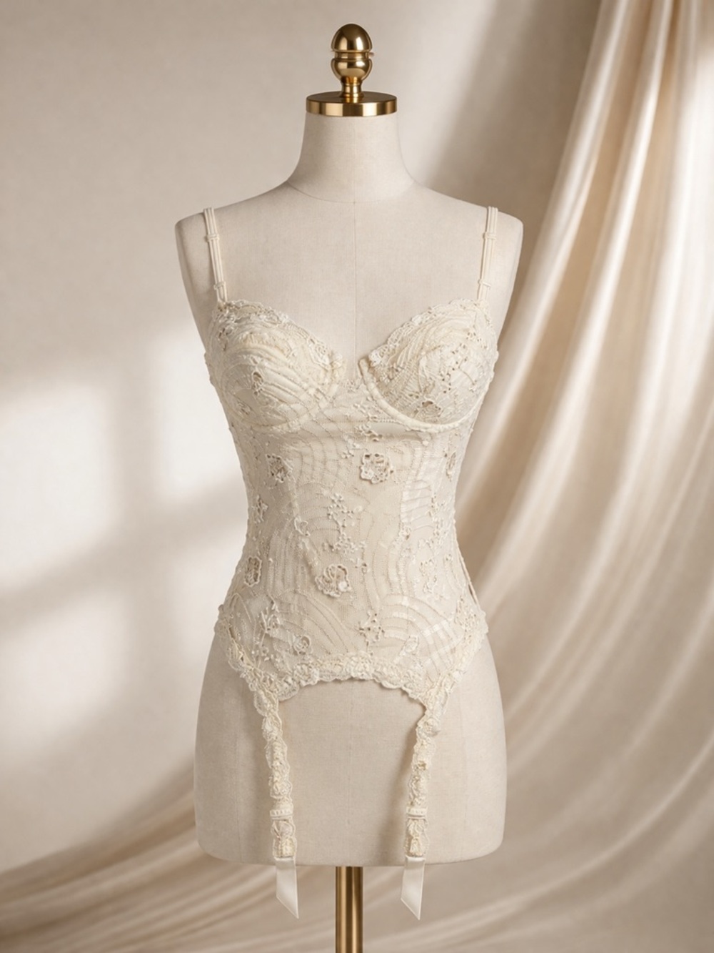 RARE NWT VTG 90s Y2K La Perla Bridal Ivory Lace Bustier Corset 36B Garter Straps